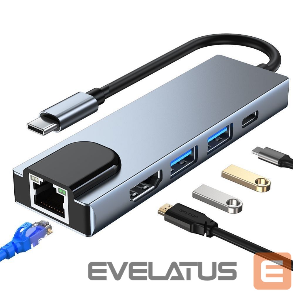 Muu arvutitarvik Tech-Protect HUB Tech-Protect V3 5in1 USB-C - USB-A 3.0 / USB-A 2.0 / USB-C / HDMI / RJ45 - gray