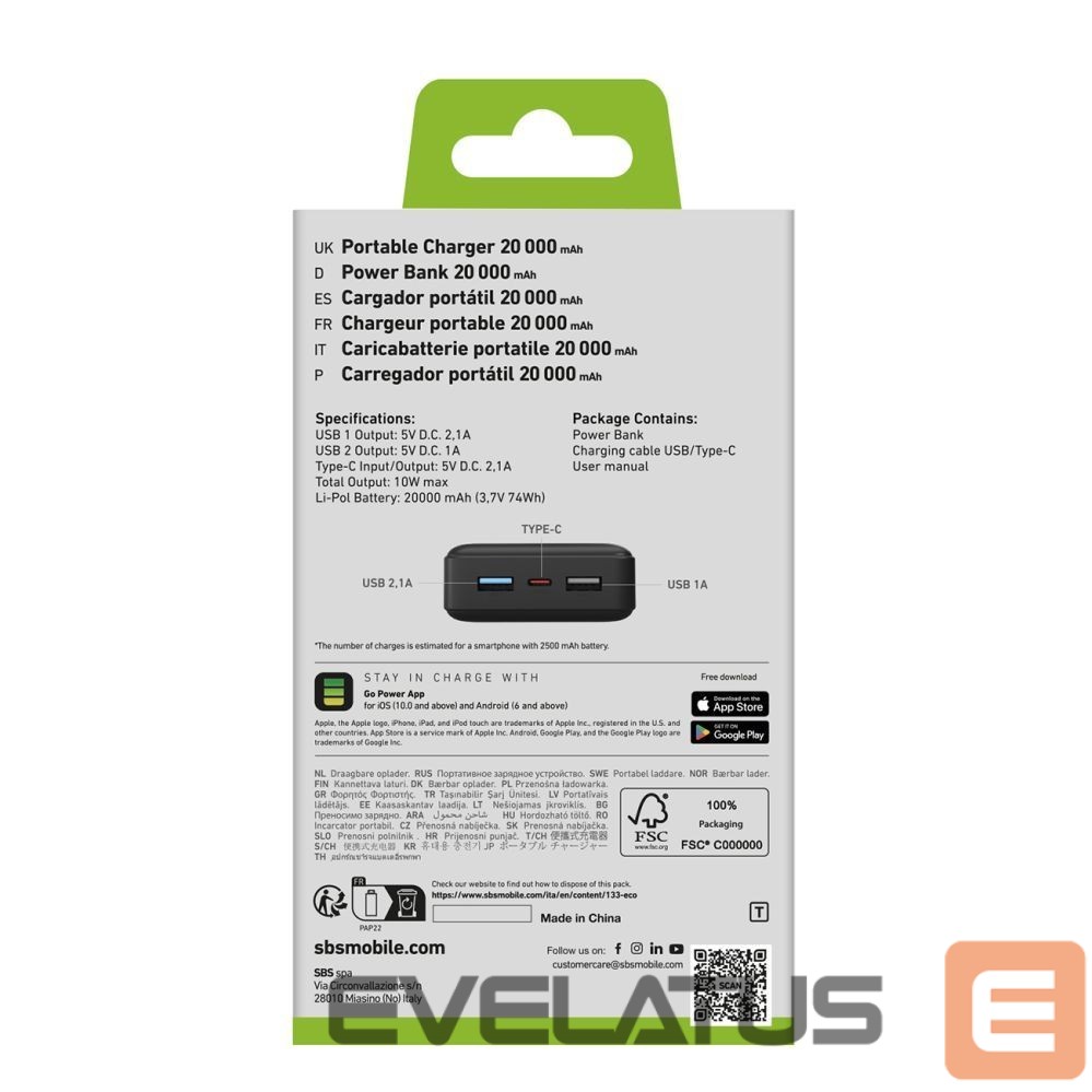 Väline aku SBS Powerbank Puro Fast 20000 mAh 2x USB-A + 1x USB-C - black