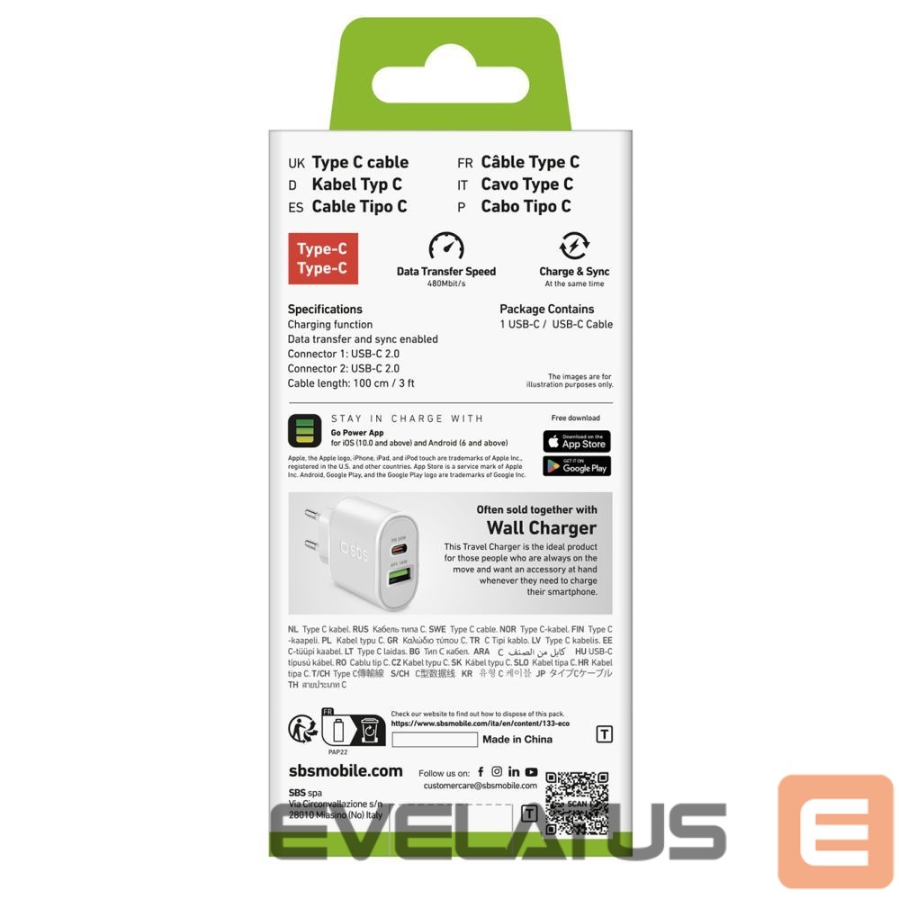 Kaabel SBS SBS TECABLETCC10W USB-C Cable - USB-C Power Delivery 25W 1 m - white
