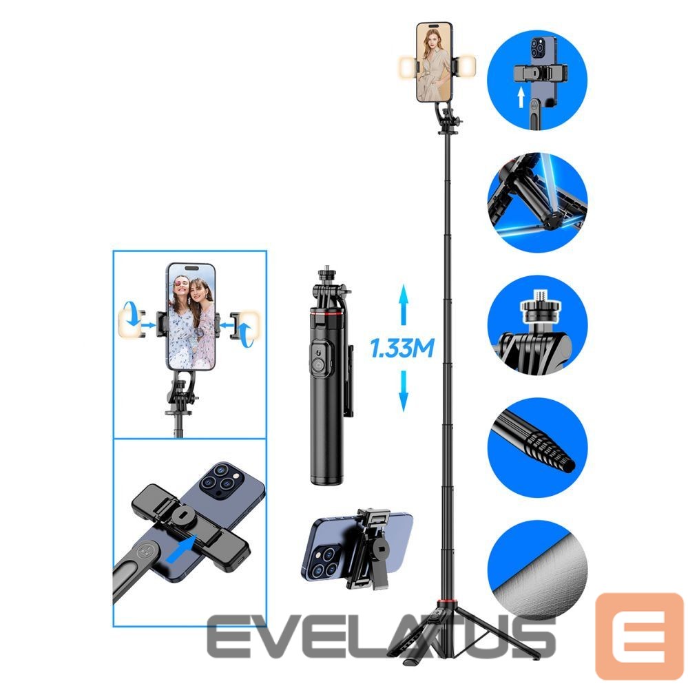 Kaameratarvik Hurtel Selfie stick WC12YDS 1.3m aluminum alloy telescopic tripod with dual lamp and phone holder - black