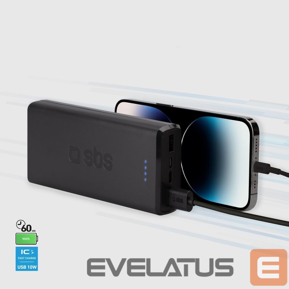 Väline aku SBS Powerbank Puro Fast 20000 mAh 2x USB-A + 1x USB-C - black