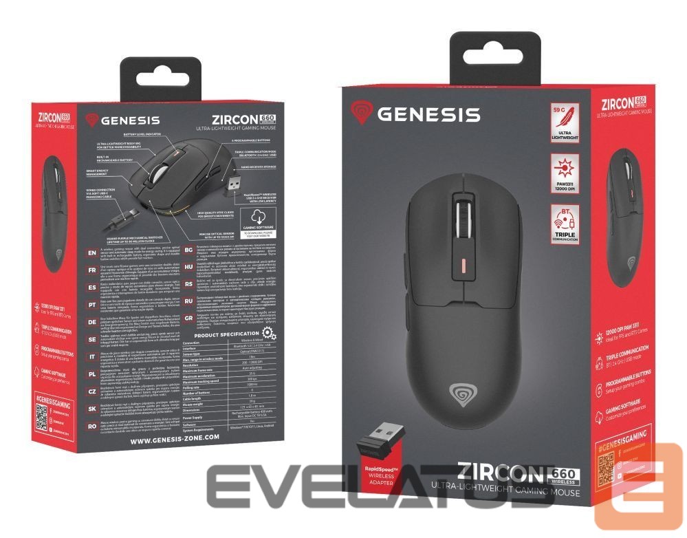 Arvutihiir Genesis Gaming Mouse | Zircon 660 | Wired/Wireless | 2.4 GHz, Bluetooth, USB | Black