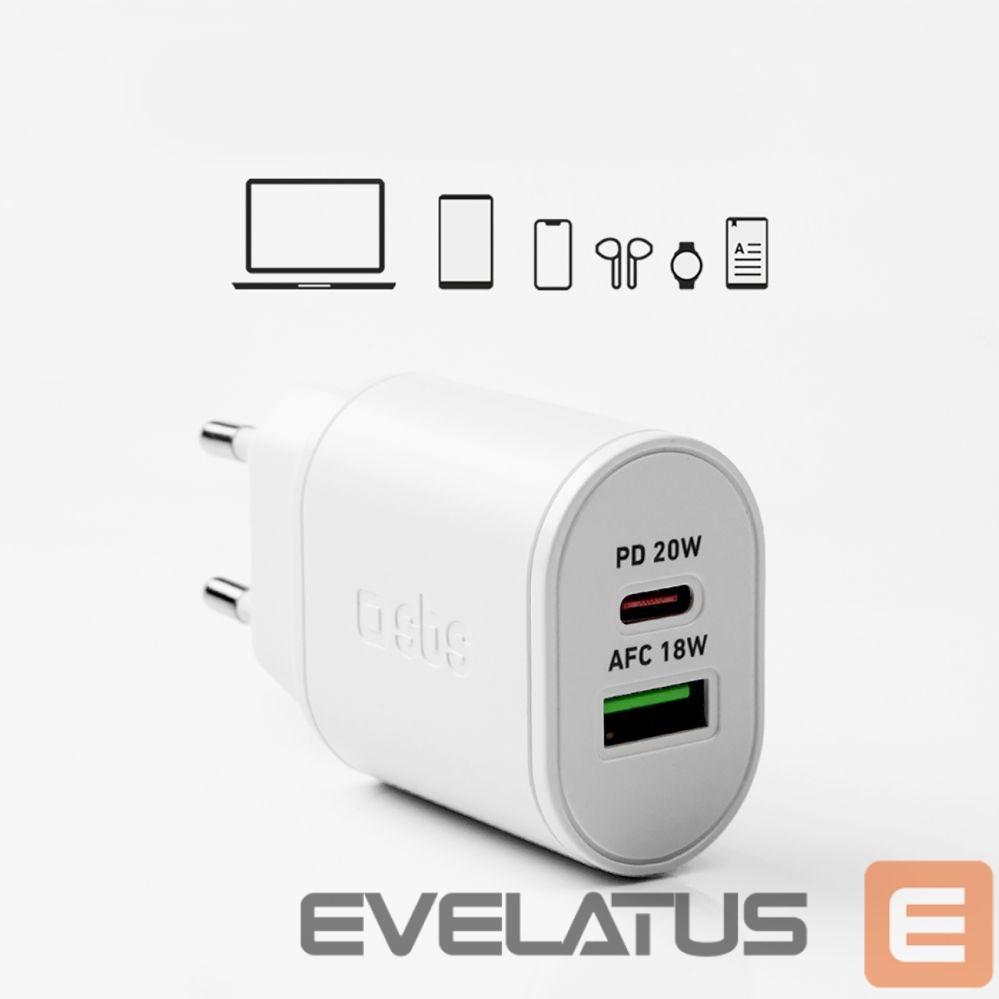 Adaptrid SBS SBS TETRPD20W 20W USB-A USB-C Wall Charger with Power Delivery - White
