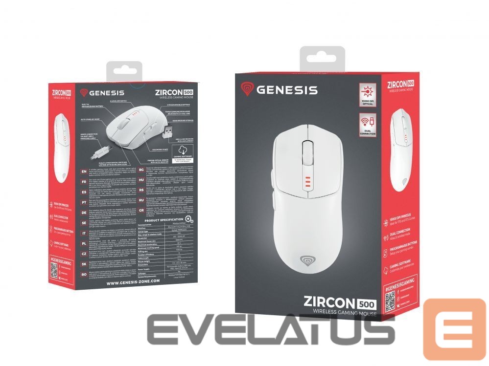 Arvutihiir Genesis Zircon 500 | Wireless/Wired | Gaming Mouse | 2.4 GHz, Bluetooth, USB | White