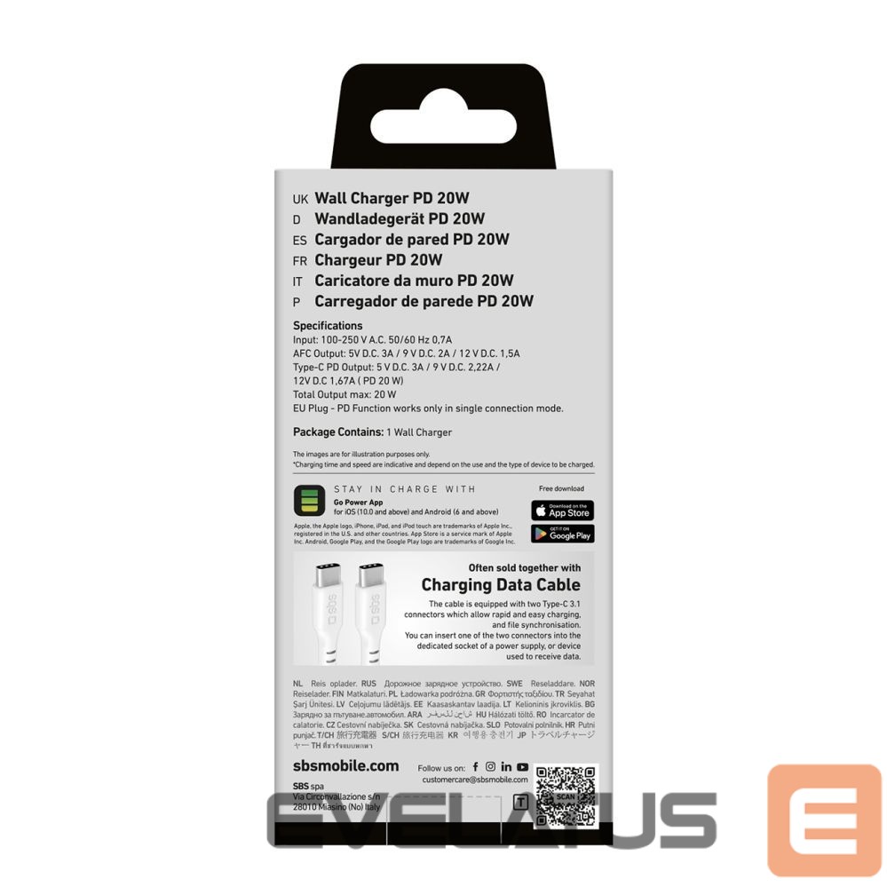 Adaptrid SBS SBS TETRPD20W 20W USB-A USB-C Wall Charger with Power Delivery - White