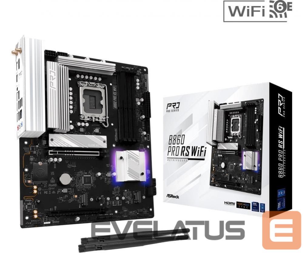 Intel protsessori emaplaat Asrock Mainboard||Memory DDR5|Memory slots 4|1xPCI-Express 4.0 16x|1xPCI-Express 5.0 16x|1xM.2|1xHDMI|1xDisplayPort|1xAudio-In|1xAudio-Out|1xMicrophone|2xUSB 2.0|6xUSB 3.2|1xUSB-C|1xRJ45|B860PRORSWIFI