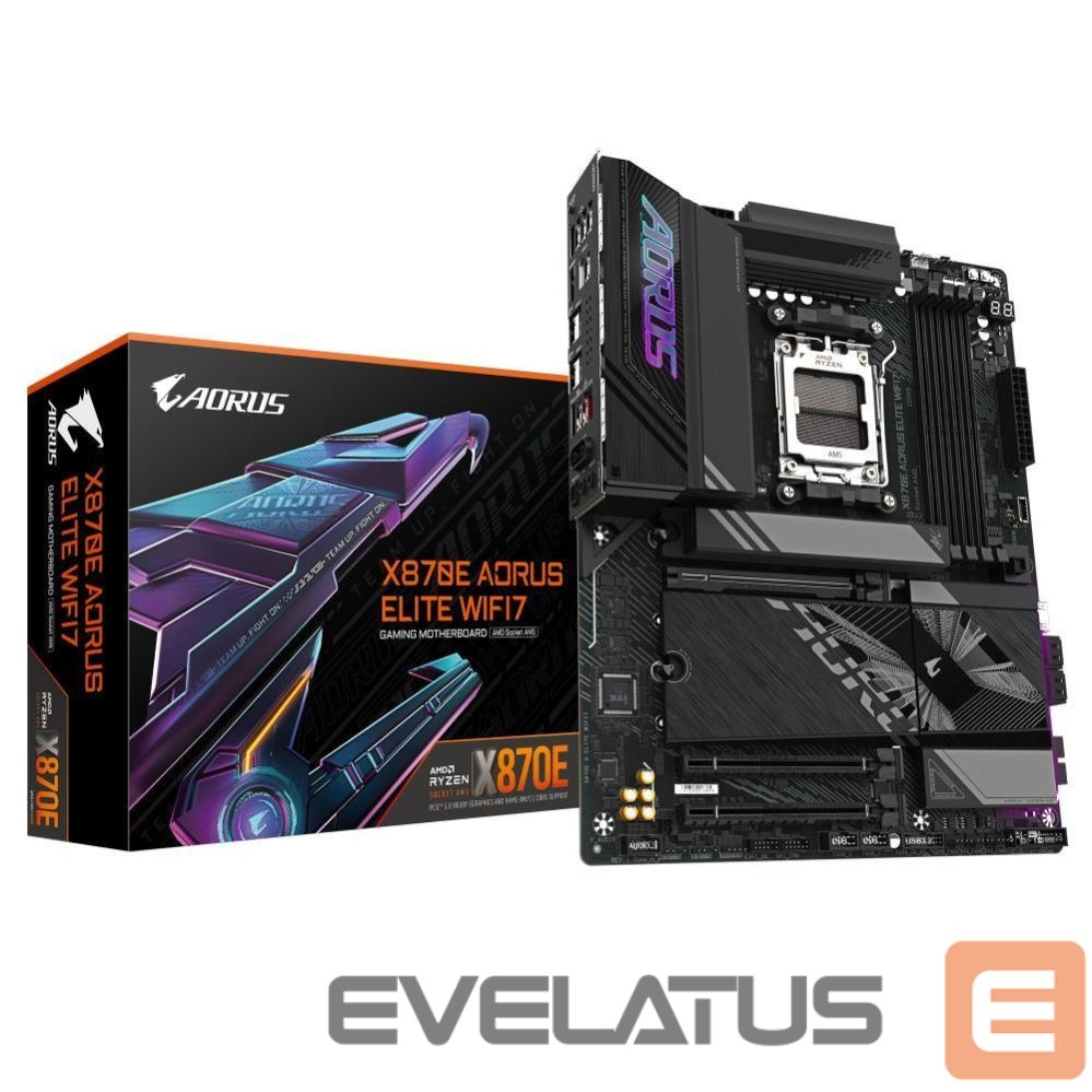AMD protsessori emaplaat Gigabyte Mainboard||AMD X870E|SAM5|ATX|Memory DDR5|Memory slots 4|1xPCI-Express 3.0 4x|1xPCI-Express 4.0 4x |1xPCI-Express 5.0 16x|4xM.2|1xHDMI|4xUSB 2.0|6xUSB 3.2|2xUSB-C|1xOptical S/PDIF|1xRJ45|2xAudio port|X870EAELITEWIFI71.2