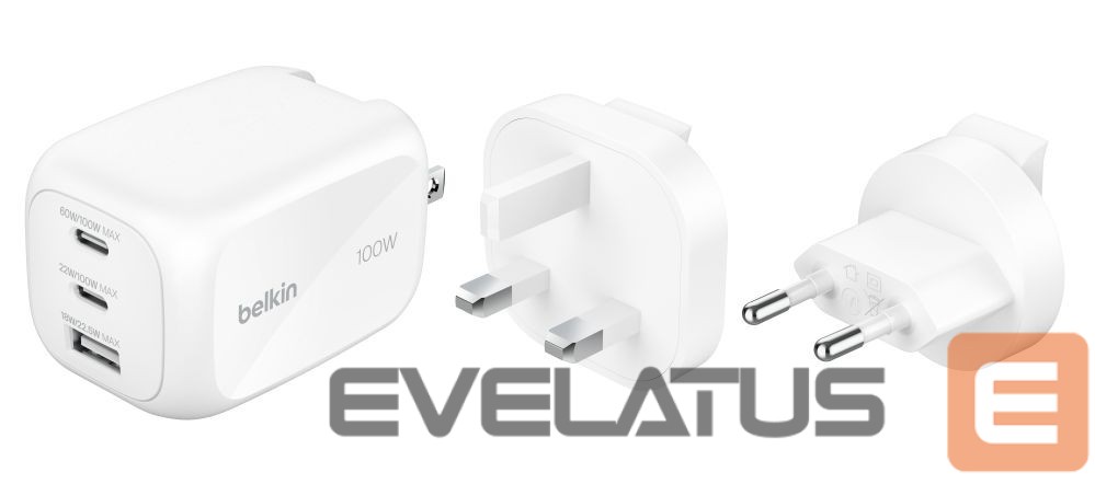 Adaptrid Belkin BOOSTCHARGE 100w 2C1A Wall Charger with interchangable plug tips UK, EU, US White