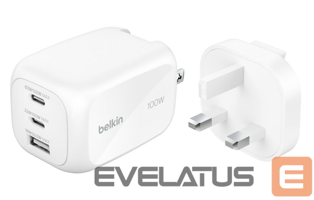 Adaptrid Belkin BOOSTCHARGE 100w 2C1A Wall Charger with interchangable plug tips UK, EU, US White