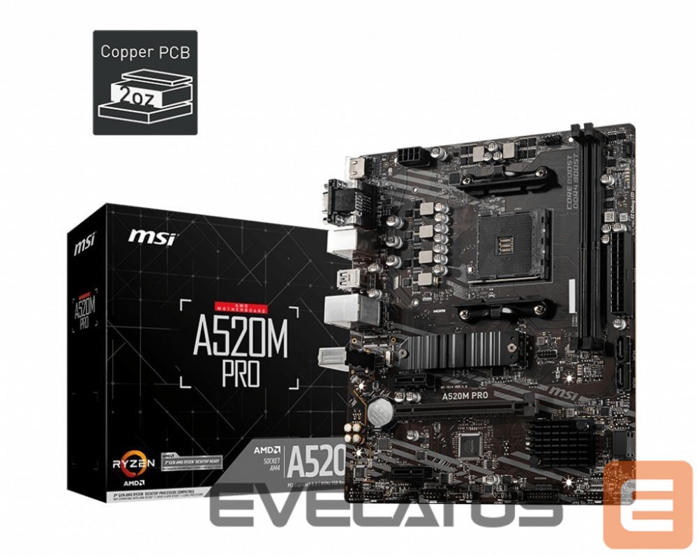 Intel protsessori emaplaat MSI A520M PRO Processor family AMD, Processor socket AM4, DDR4, Memory slots 2, Chipset AMD A, Micro ATX