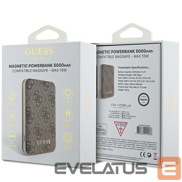 Muud kaubad Guess Guess Powerbank inductive 15W GUPB5FP4EMGW 5000mAh brown/brown 4G Leather Metal Logo MagSafe