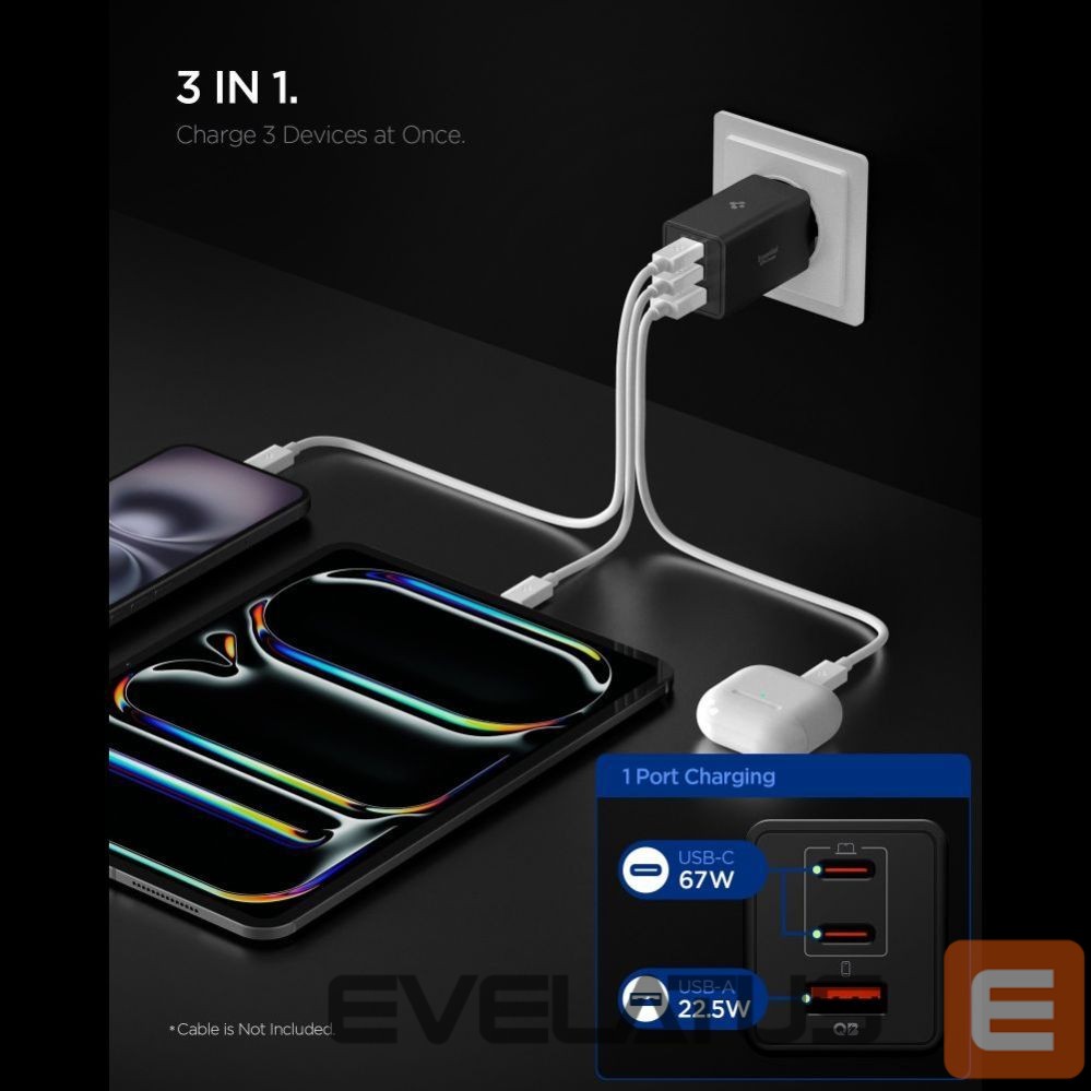 Muud kaubad Spigen Spigen Essential EE673EU 3-port charger 2xUSB-C 1xUSB-A 67W - black