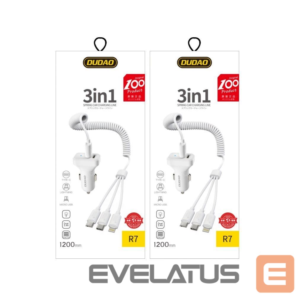 Adaptrid Dudao Dudao car kit charger 2x USB 2.4A + cable USB 3in1 Lightning / Type C / micro USB cable white (R7 white)