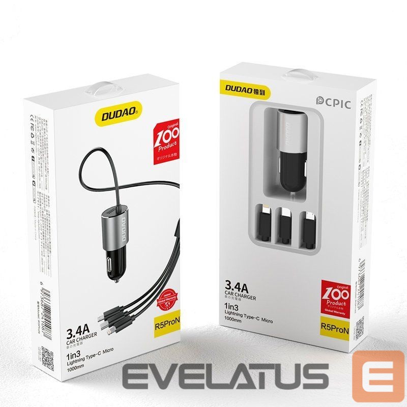 Adaptrid Dudao Dudao 3in1 USB car charger 3,4 A built-in cable Lightning / USB Type C / micro USB black (R5ProN black)