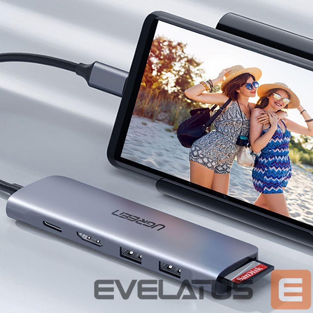 Kaabel Ugreen Ugreen CM195 6in1 adapter USB-C - HDMI / 2x USB-A 3.0 / USB-C PD / SD / TF reader - gray