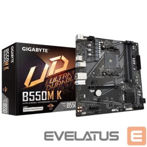 Intel protsessori emaplaat Gigabyte  B550M K 1.0 M/B Processor family AMD, Processor socket AM4, DDR4 DIMM, Memory slots 4, Supported hard disk drive interfaces 	SATA, M.2, Number of SATA connectors 4, Chipset AMD B550, Micro ATX 