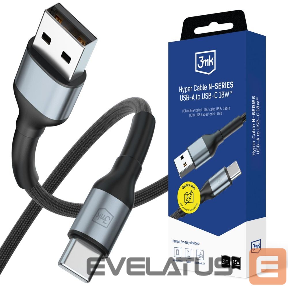 Muud kaubad 3MK 3mk Hyper Cable N-SERIES USB-A / USB-C 2m 9V/2A 18W / black