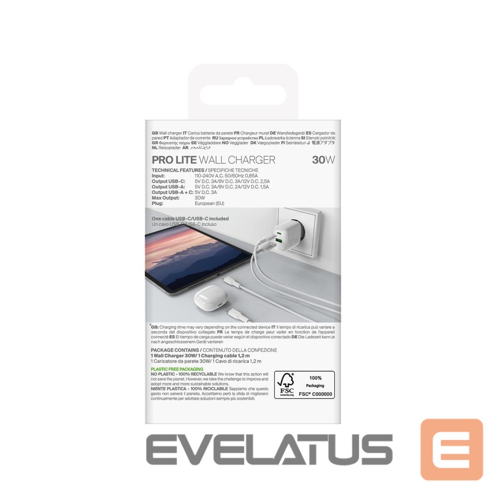 Adaptrid Puro Puro PROLITE 30W USB-A / USB-C wall charger + USB-C - USB-C cable 1.2m - white