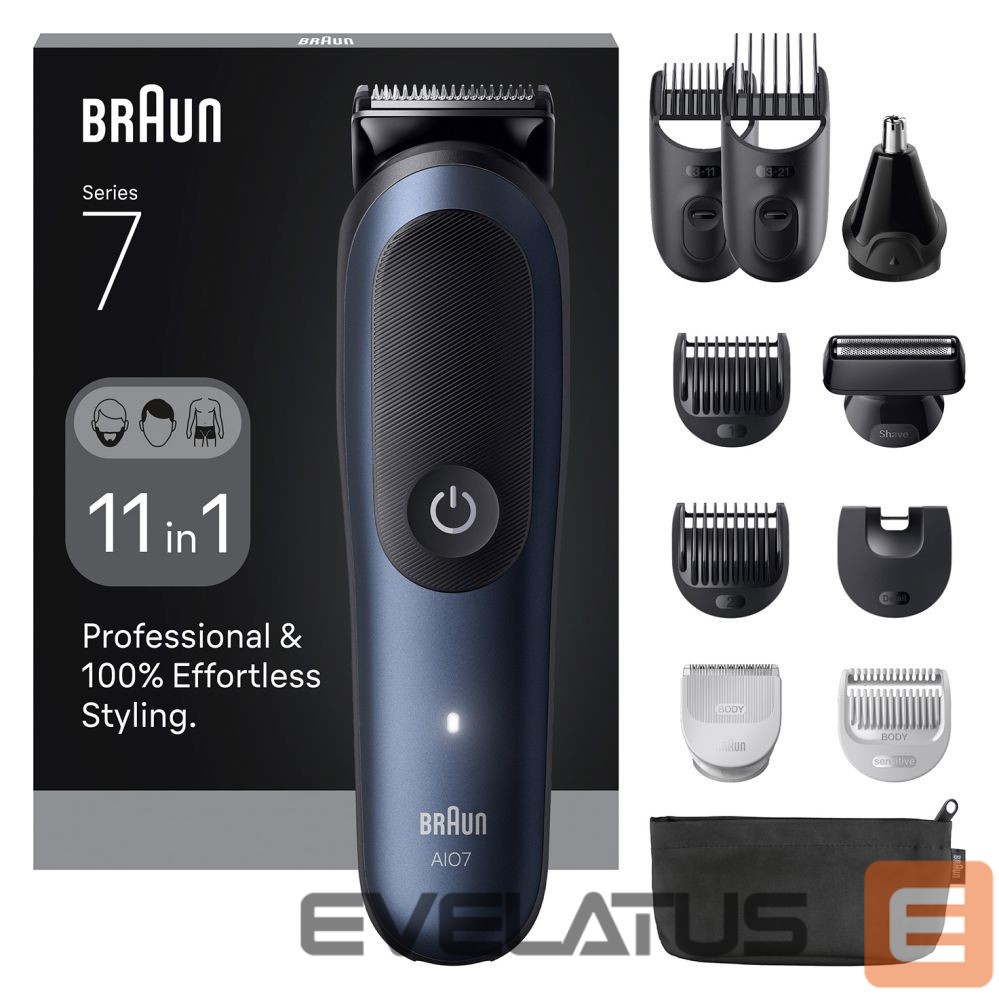 Juukselõikur Braun 11in1 Grooming Kit | All-in-One Series 7 AIO7540 | Cordless | Number of length steps 14 | Black/Blue