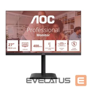 Monitorid AOC  U27E4CV | 27 " | IPS | UHD | 16:9 | 60 Hz | 4 ms | 3840 x 2160 pixels | 400 cd/m² | HDMI ports quantity 2 | Black 