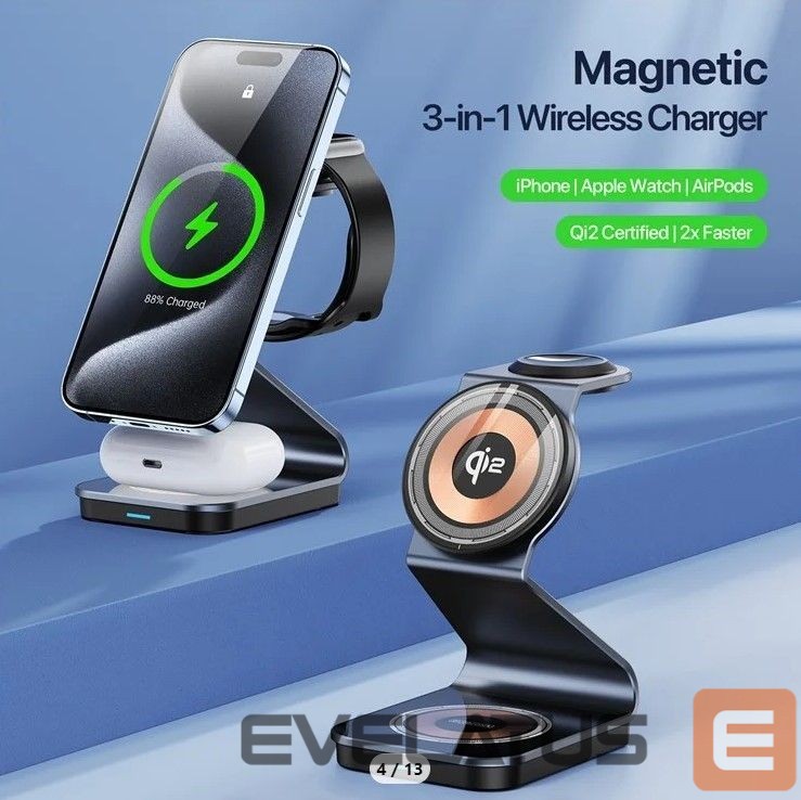 Juhtmeta laadija Duzzona W21 3-in-1 15W Wireless Charging Stand Teléfono Auricador de Auriculares Cargador (certificado Qi2) Black