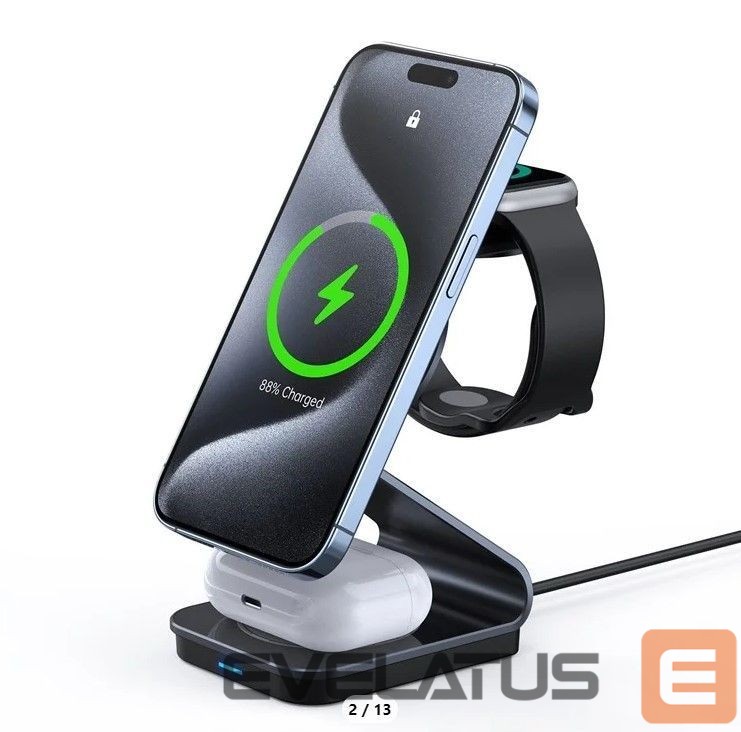 Juhtmeta laadija Duzzona W21 3-in-1 15W Wireless Charging Stand Teléfono Auricador de Auriculares Cargador (certificado Qi2) Black