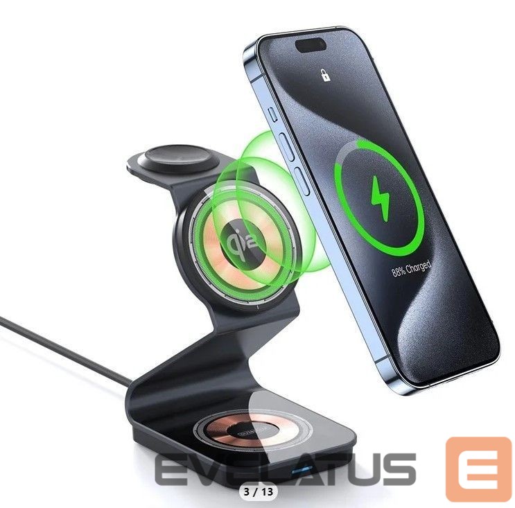 Juhtmeta laadija Duzzona W21 3-in-1 15W Wireless Charging Stand Teléfono Auricador de Auriculares Cargador (certificado Qi2) Black
