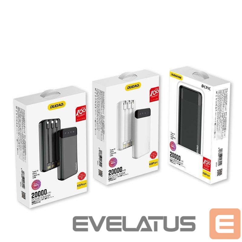 Väline aku Dudao Dudao capacious powerbank with 3 built-in cables 20000mAh USB Type C + micro USB + Lightning black (Dudao K6Pro +)