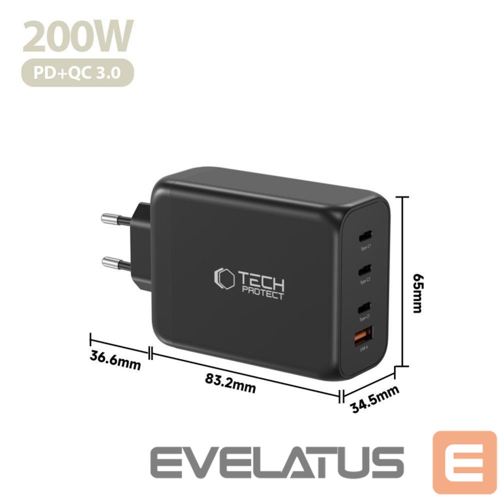 Muud kaubad Tech-Protect Tech-Protect NC200W-GaN 4-Port 200W Wall Charger - Black