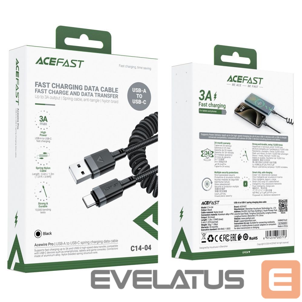 Muud kaubad Acefast Acefast C14-04 USB-A - USB-C Cable Spring 480Mb/s 3A 1.2m - Black
