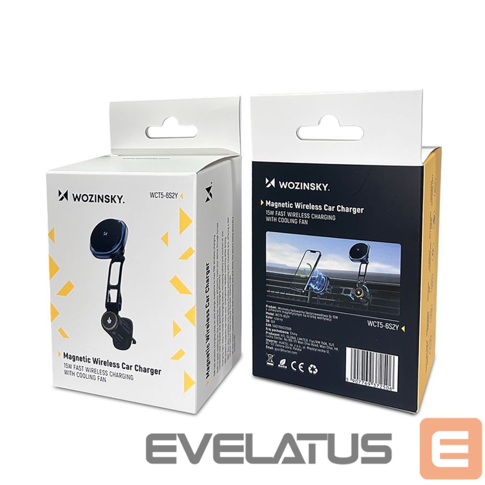 Ümbrised Wozinsky Wozinsky WCT5-6S2Y Car Holder with Qi/MagSafe 15W Wireless Charger and Air Vent Fan - Black