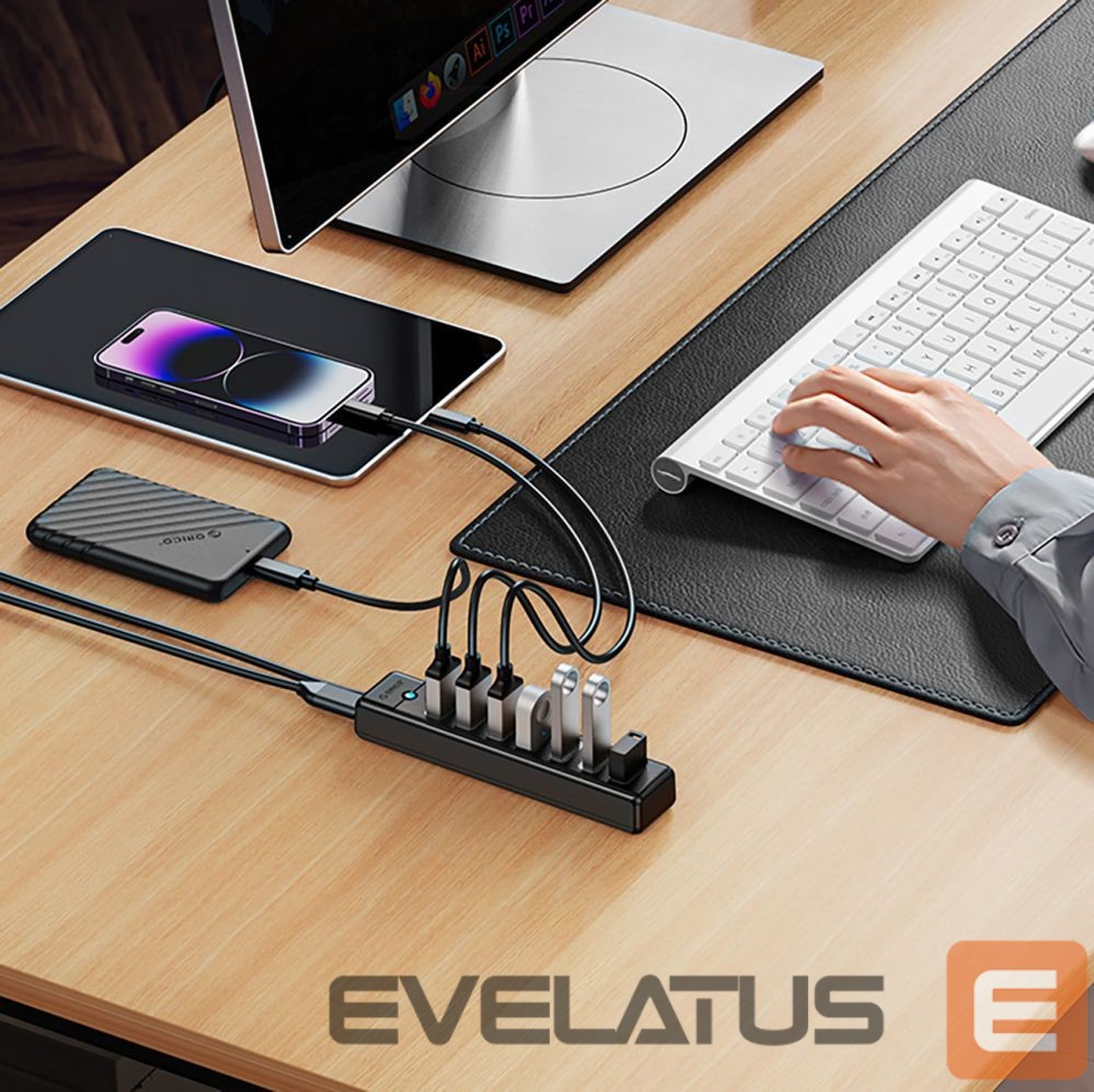 Üleminek Orico Orico PW7U-U3 hub 7x USB-A 3.0 + USB-C 5V/3A 1m - black