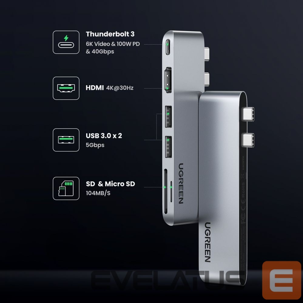 Üleminek Ugreen HUB Ugreen CM380 2xUSB C - HDMI/2xUSB 3.0/SD TF/USB C PD - gray