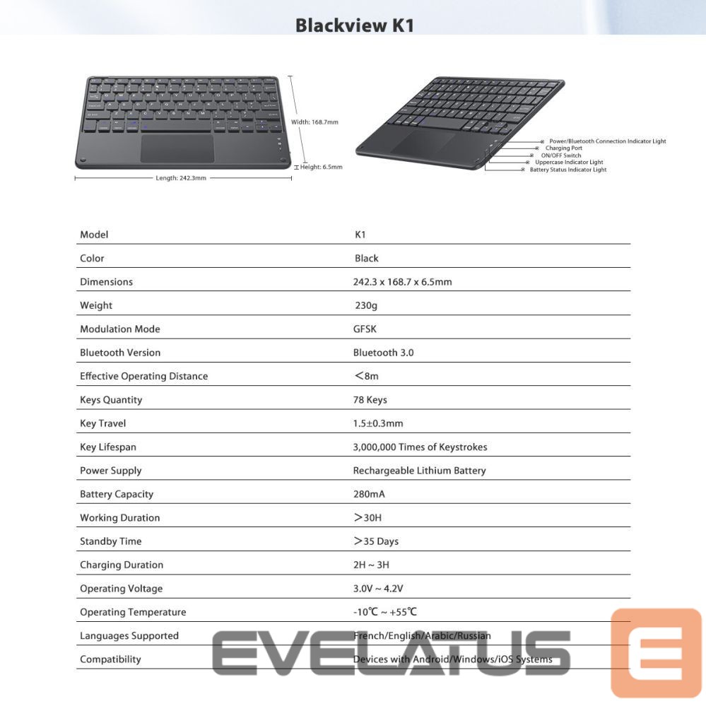 Arvuti klaviatuur Blackview K1 Bluetooth Keyboard Wireless Ultra Slim 10” – 280mAh Battery, Bluetooth 3.0, Compatible with Windows / Android / iOS, Black Gray