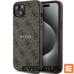 Tagakaaned Guess  Guess 4G Collection Leather Metal Logo MagSafe Case for iPhone 15 Plus / 14 Plus - Brown 