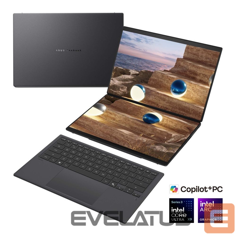Sülearvuti Asus | Zenbook Duo UX8407AA-SN066W | Moher Gray | 14 " | OLED | Touchscreen | 2.8K | 2880 x 1800 pixels | 144 Hz | Anti-Reflective | Intel Core Ultra X9 | 378H | 32 GB | LPDDR5X | Solid-state drive capacity 2000 GB | Intel Arc Graphics | Windows 11 Pro | 802.11be | Bluetooth version 5.4 | Keyboard language US international | Keyboard backlit | Warranty 24 month(s) | Battery warranty 12 month(s)