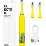 Hambahari iLike  Kids Rechargeable Sonic Electric Toothbrush, USB Charging, 3 Brush Heads (1+2 Replacement Heads), Soft Bristles, Waterproof, Yellow Crocodile Design Yellow