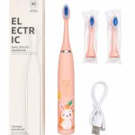 Hambahari iLike  Kids Rechargeable Sonic Electric Toothbrush, USB Charging, 3 Brush Heads (1+2 Replacement Heads), Soft Bristles, Waterproof, Bunny Design, Pink Pink