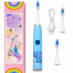 Hambahari iLike  Kids Rechargeable Sonic Electric Toothbrush, USB Charging, 3 Brush Heads (1+2 Replacement Heads), Soft Bristles, Waterproof, Blue Elephant Design Blue