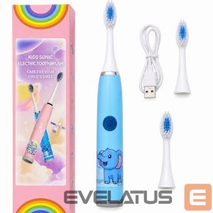 Hambahari iLike  Kids Rechargeable Sonic Electric Toothbrush, USB Charging, 3 Brush Heads (1+2 Replacement Heads), Soft Bristles, Waterproof, Blue Elephant Design Blue