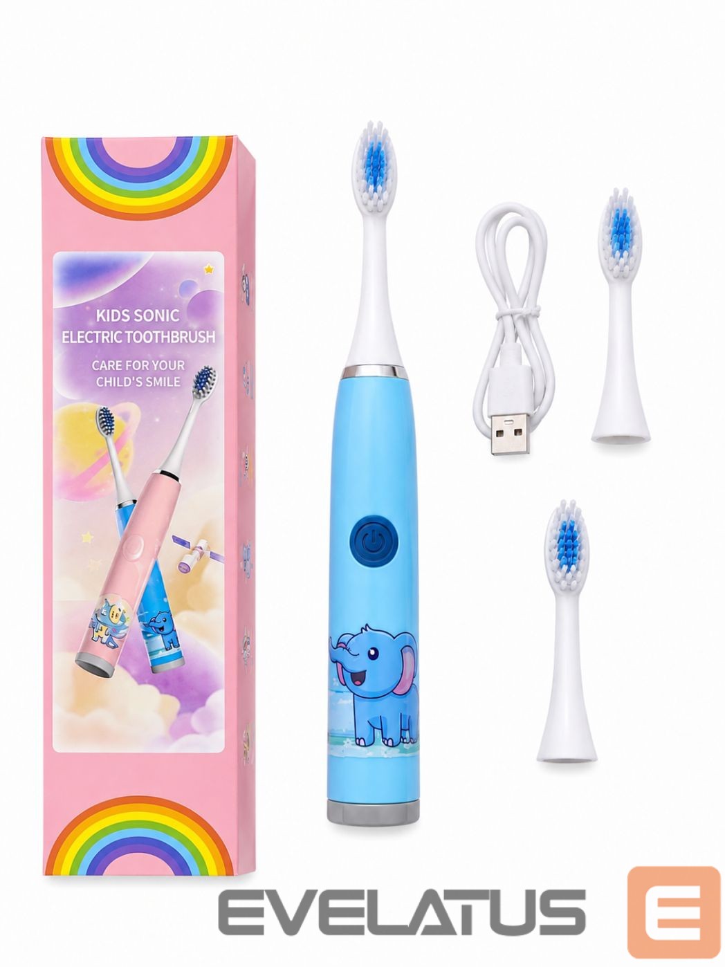 Hambahari iLike Kids Rechargeable Sonic Electric Toothbrush, USB Charging, 3 Brush Heads (1+2 Replacement Heads), Soft Bristles, Waterproof, Blue Elephant Design Blue