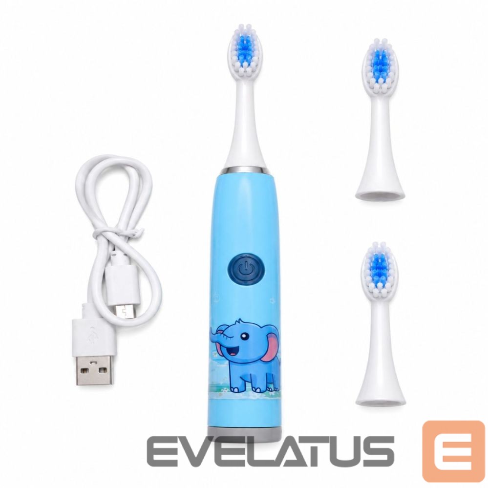 Hambahari iLike Kids Rechargeable Sonic Electric Toothbrush, USB Charging, 3 Brush Heads (1+2 Replacement Heads), Soft Bristles, Waterproof, Blue Elephant Design Blue