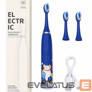 Hambahari iLike  Kids Rechargeable Sonic Electric Toothbrush, USB Charging, 3 Brush Heads (1+2 Replacement Heads), Soft Bristles, Waterproof, Blue Bear Design Blue