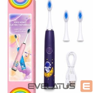 Hambahari iLike  Kids Rechargeable Sonic Electric Toothbrush, USB Charging, 3 Brush Heads (1+2 Replacement Heads), Soft Bristles, Waterproof, Space Astronaut Design Purple