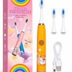 Hambahari iLike  Kids Rechargeable Sonic Electric Toothbrush, USB Charging, 3 Brush Heads (1+2 Replacement Heads), Soft Bristles, Waterproof, Cute Hamster Design Orange