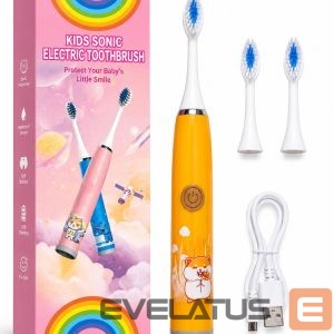 Hambahari iLike  Kids Rechargeable Sonic Electric Toothbrush, USB Charging, 3 Brush Heads (1+2 Replacement Heads), Soft Bristles, Waterproof, Cute Hamster Design Orange