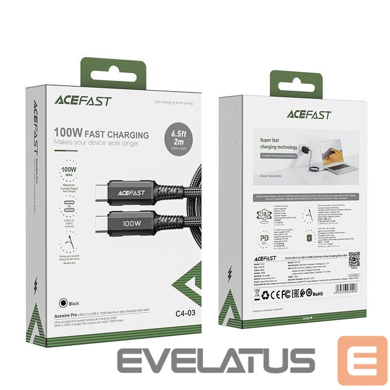 Kaabel Acefast Acefast C4-03 Black USB-C - USB-C PD QC cable 100W 5A 480Mb/s 2m - black