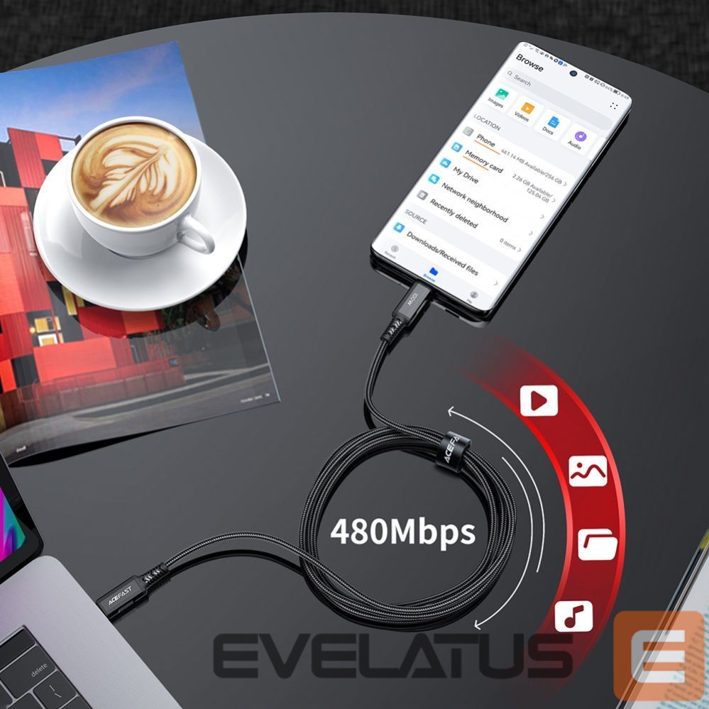 Kaabel Acefast Acefast C4-03 Black USB-C - USB-C PD QC cable 100W 5A 480Mb/s 2m - black