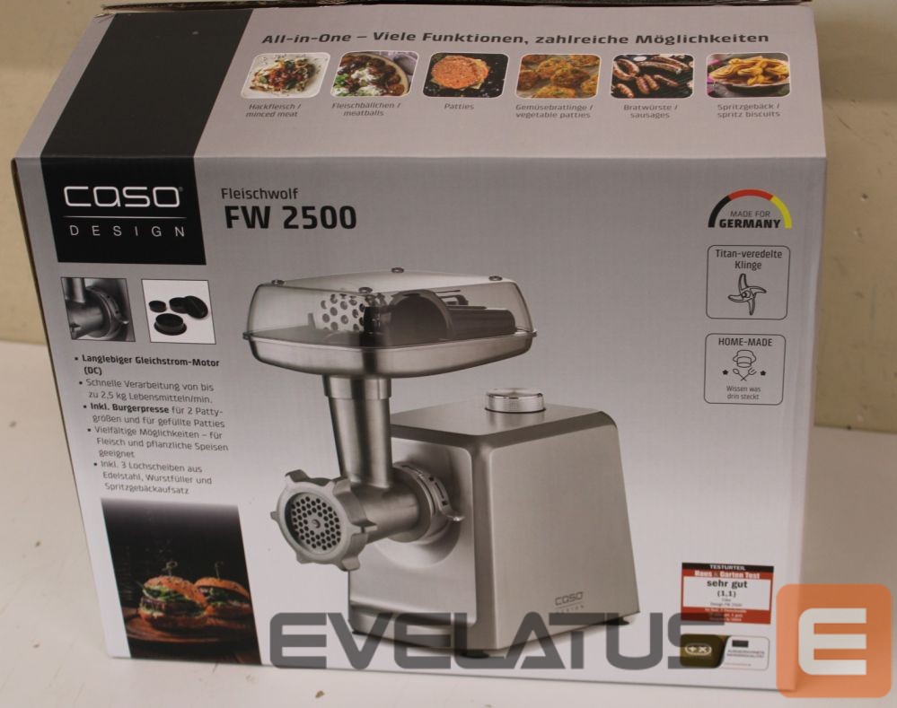 Lihaveski Caso SALE OUT. Meat Mincer | FW 2500 | Stainless Steel | 2500 W | Number of speeds 2 | Throughput (kg/min) 2.5 | 3 stainless steel cutting plates (3 mm, 5 mm and 8 mm), Sausage filler, Cookie attachment with 4 moulds, Stuffer | DEMO