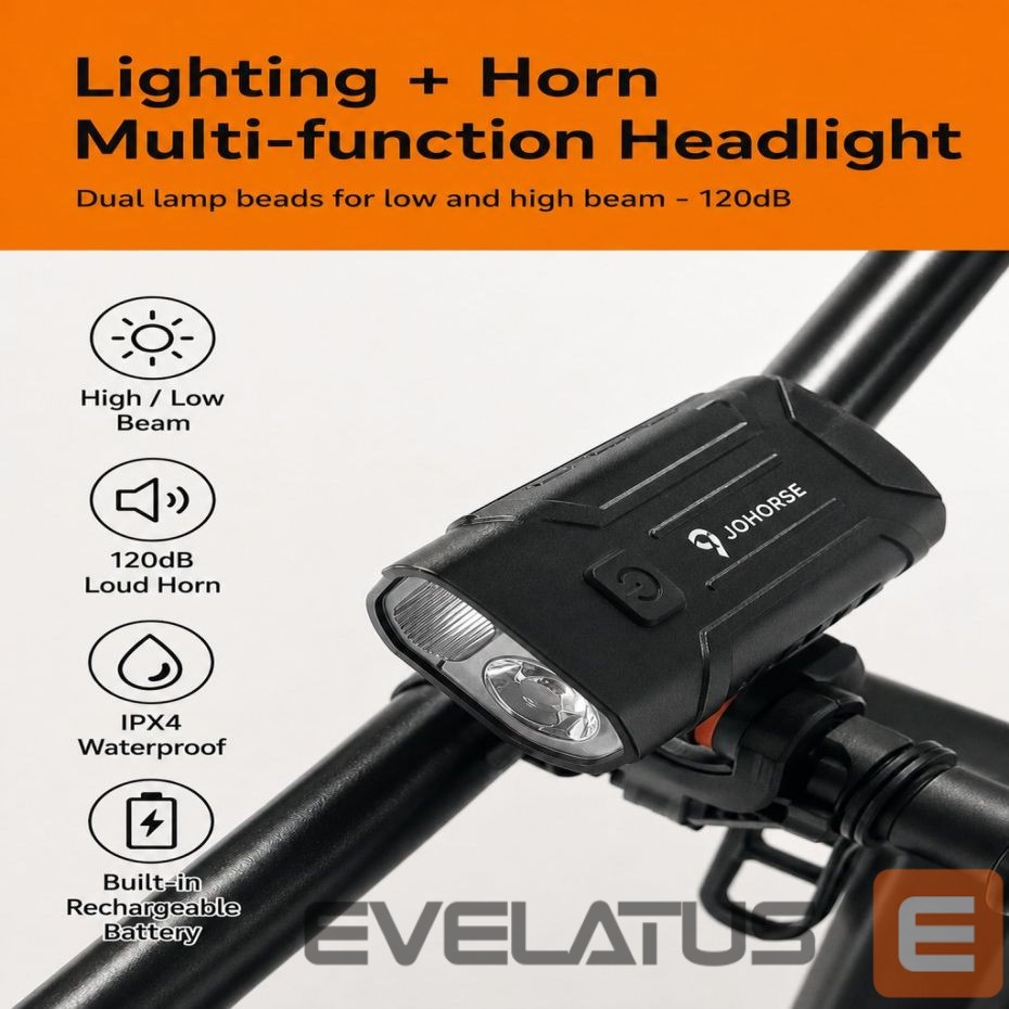 Jalgratta tarvik iLike JOHORSE Rechargeable Bike Light with 120dB Horn, USB Rechargeable LED Bicycle Headlight, High/Low Beam, IPX4 Waterproof, Front Cycling Light Black